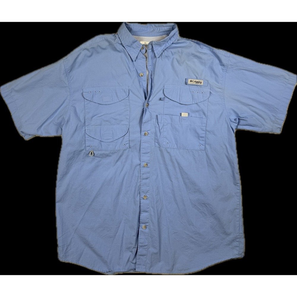 COLOMBIA PFG Men's Short Sleeve Blue Vented Fishing Shirt Sz Large #1543